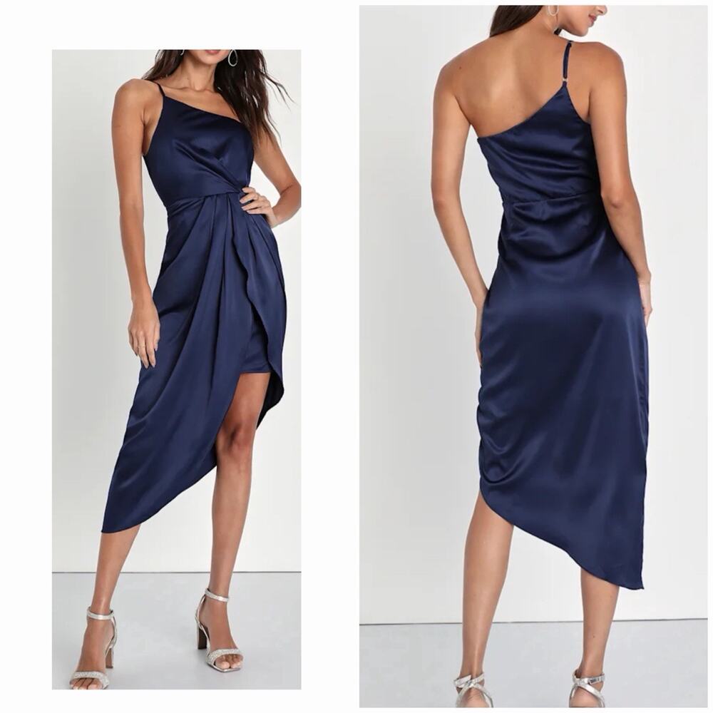 Lulus Navy Satin One Shoulder Asymmetrical Midi Dress M Stretch NWT Women’s